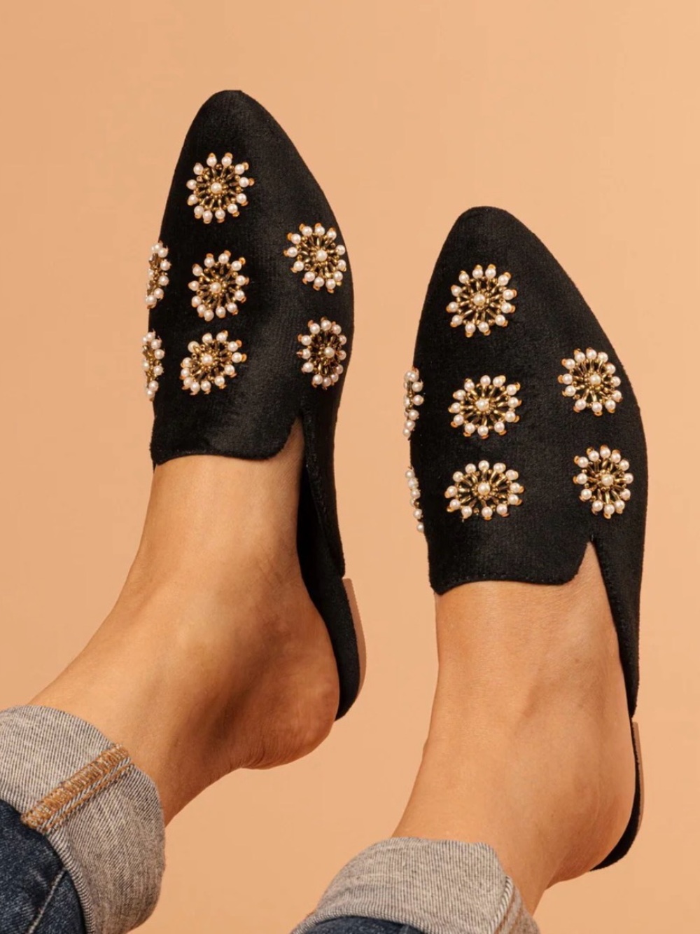 Embellished Black Slip-On Mule with Crystal & Pearl Detail